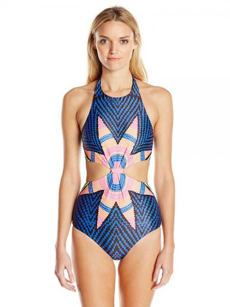 Cheap High Neckline Cutout Starbasket Patterm Halter One Piece Swimsuit