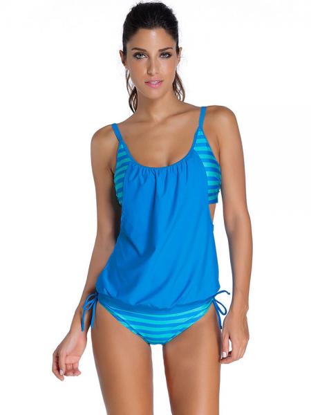 Layered Style Stripe Printed Crisscross Back Tankini with Lacing-up Bottom