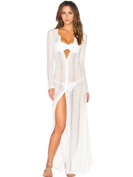 Button-up Front Long Sleeved Boho Breeze Crochet Lace Maxi Length Beachwear