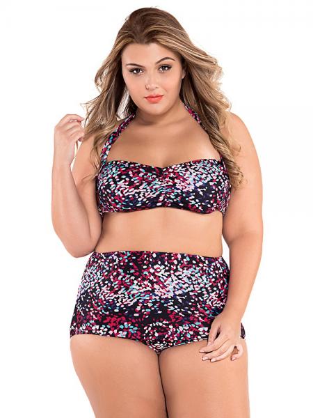 Printed Halter Style Pushup Padded Ruched Bikini Top & High Waisted-waist Bottom