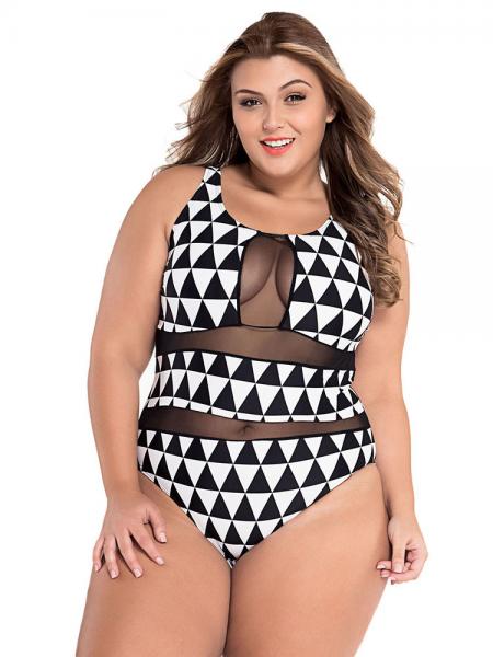 Scoopneck Trigon Printing Sexy Mesh Insert Panel One Piece Bathing Suit