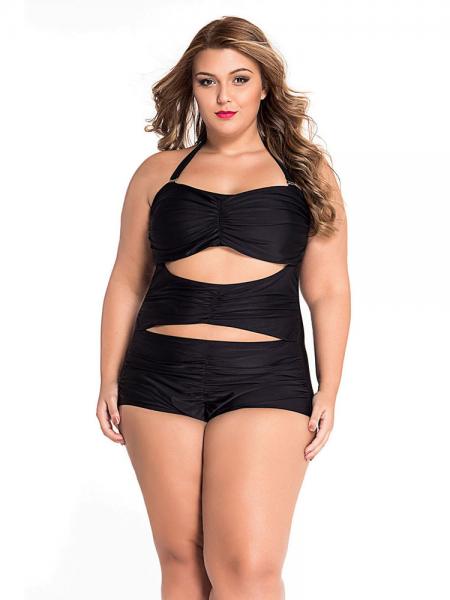Sweetheart Neckline Cutout Ruched Halter Padded Plus Size One Piece Swimsuit