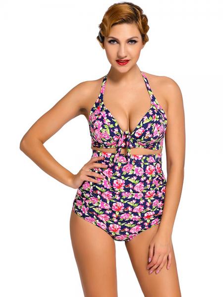 Vintage Printing Halter Style Padded & High Waisted Bikini Set with Ruched