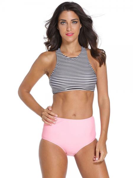 Women Bikini Set with Highneck Racerback Black White Top & High Waist Pink Bottom