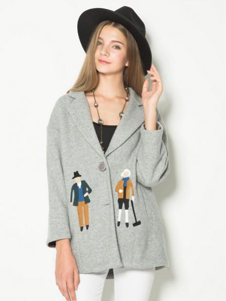 Two Buttons Single Breasted Closure Cartoon Embroidery Wool Coat Women