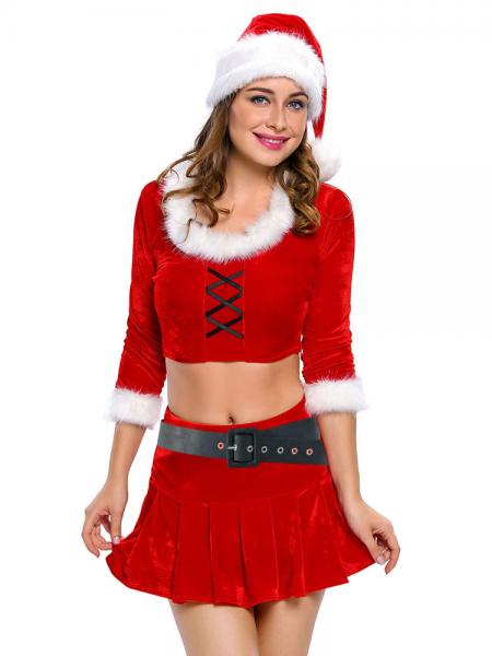 Four Pieces Three-quarter Sleeves Crop Top & Sexy Skirt Xmas Costume Set