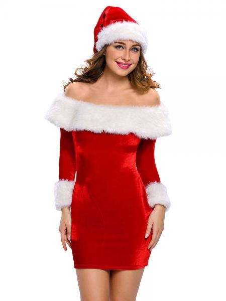 Two Pieces Long Sleeves Off-the-shoulder Santa Costume Dress and Hat Set