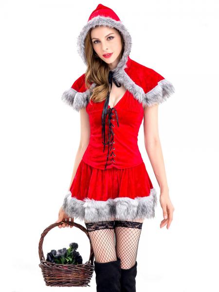 3 Pieces Sleeveless Red Riding Hood Fuzzy Womens Christmas Costumes