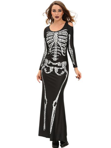 Cold Shoulder Long Sleeves Halloween Adult Women Skeleton Costume Gown