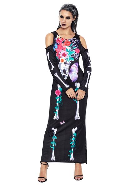 Cold Shoulder Long Sleeves Halloween Maxi Skeleton Costume Bones Dress