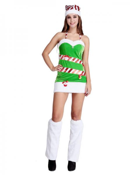 3 Pieces Halter Neckline Ladies Santa Claus Christmas Trees Outfit