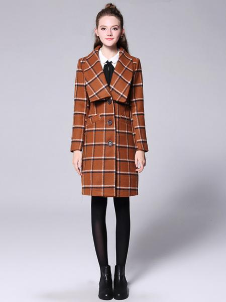 Big Lapels Single Breasted Long Sleeves Plaided Thick Women Wool Coat