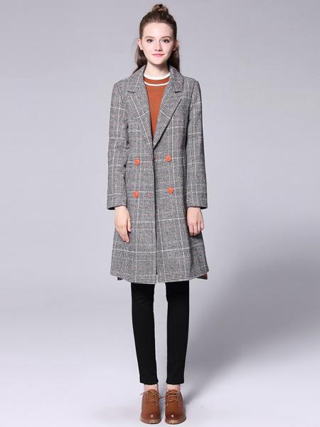 Double-breasted Asymmetric Front & Back Plaid Long Wool Peacoat for Women