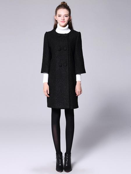 Loose-fit Double Breasted Three-quarters Sleeves Thick Long Peacoat for Women