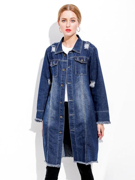 Retro Loose Fit Distressed & Ripped Ladies Long Denim Jacket Blue