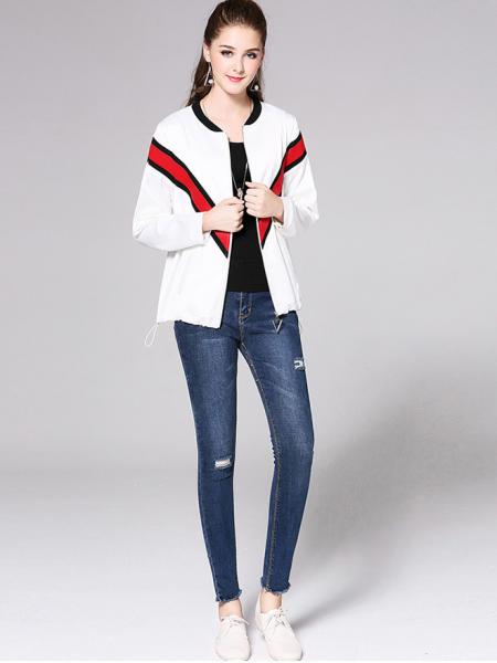 Loose Fit Zipper Stripe Printing Long Sleeve Jacket Outerwear for Women