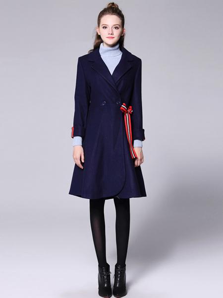 Morden Double Breated Long Sleeves Lined Women Long Dressy Wool Coat