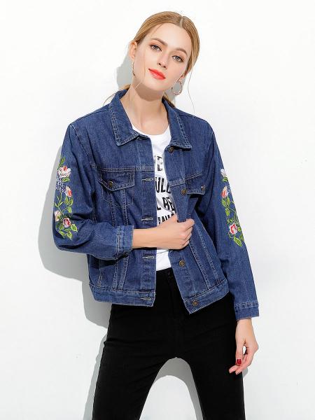 Single Breasted Unique Floral & Letter Embroidery Denim Jacket for Women