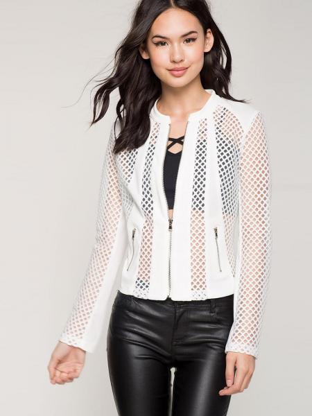 Zipper Long Sleeves Sheer Mesh Splicing Light Weight Summer Short Jacket