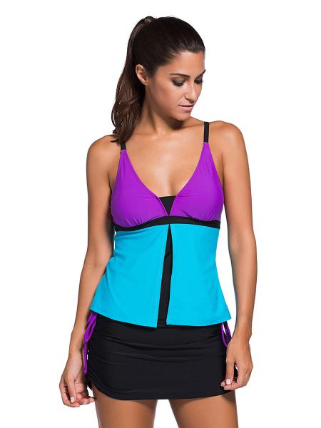 Contrast Layered Color-block Ruched & Padded Tankini with Skort Bottom Swimsuit