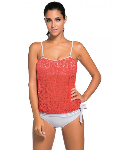 Lace Overly Pullover Sun Protection Low-waisted Padded Bandeau Tankini Swimsuit