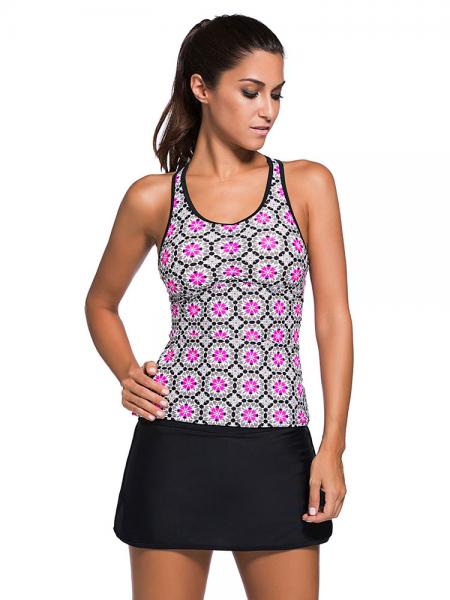 Abstract Floral Printed Sporty Style Racerback Bra Padding Tankini with Skirt