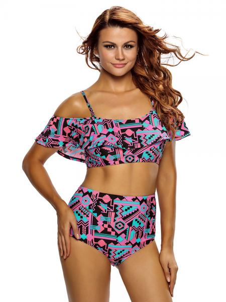 Abstract Geometry Printed Off-the-shoulder Padded High-waisted Ruffled Bikinis