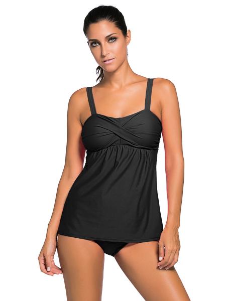 Adjustable Shoulder Straps Unremovable Padded Shirred Tankini Dress Swimwear