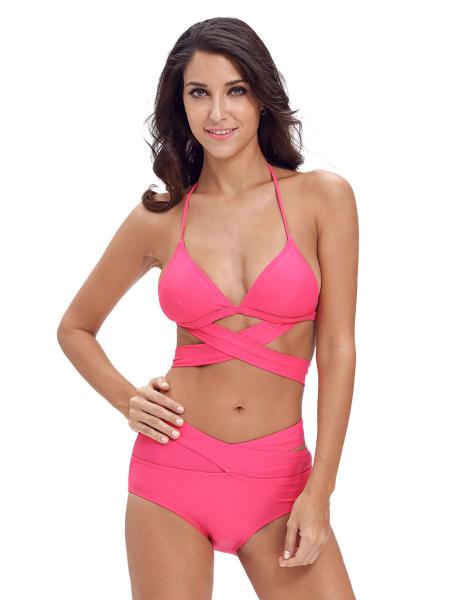 Crossed & Cut Out Halter Neckline Padded and High-waisted Ladies Bikini Swimsuit