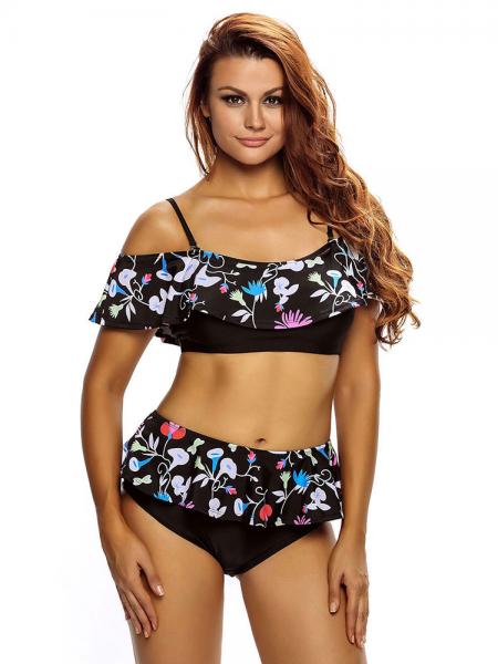 Multi Colors Floral Printing Off-the-shoulder Padded & Ruffled Woman Bikini Suit