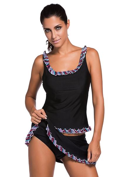 Retro Inspired Removable Bra Padding Low Cut Back Ruffles Splicing Skirt Tankini