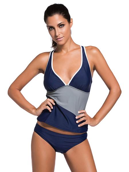 Plunging V-neckline Color Block Racerback Padded Low Waisted Women Tankini Set