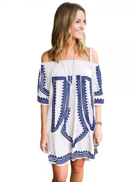 Bohemian Inspired Vibe Geometric Printed Off Shoulder Half Sleeves Beach Dress