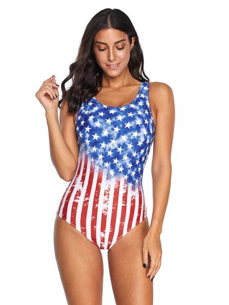 The Stars and The Stripes Printed Crossed Straps Womens Padded One Piece Swimwear