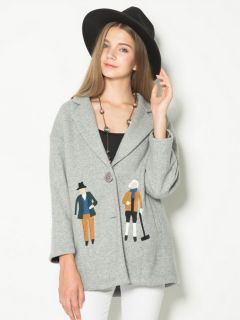 Two Buttons Single Breasted Closure Cartoon Embroidery Wool Coat Women