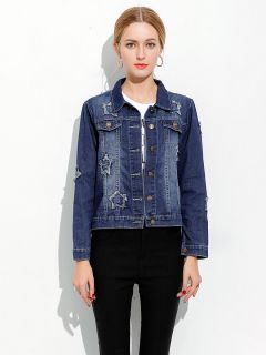 Cheap Floral & Letter Embroidery Womens Denim Jacket Sale Blue