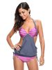 Striped Strappy Tankini Set with Padded & Underwired Top and Lacing-up Sides Bottom